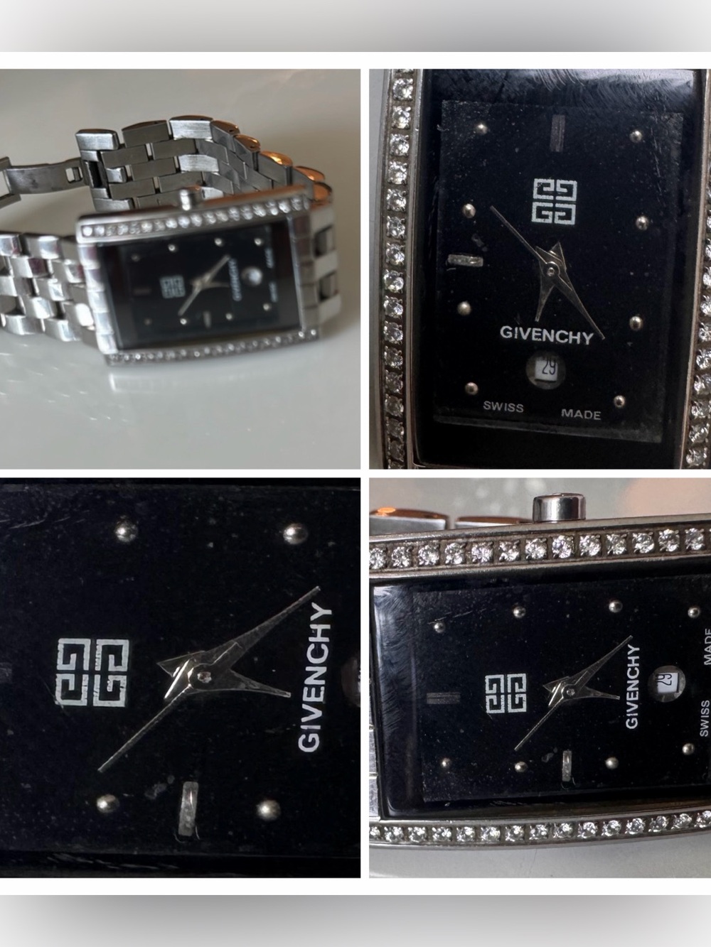 Givenchy Silver Bracelet Watch with Black Dial and Crystal Accents